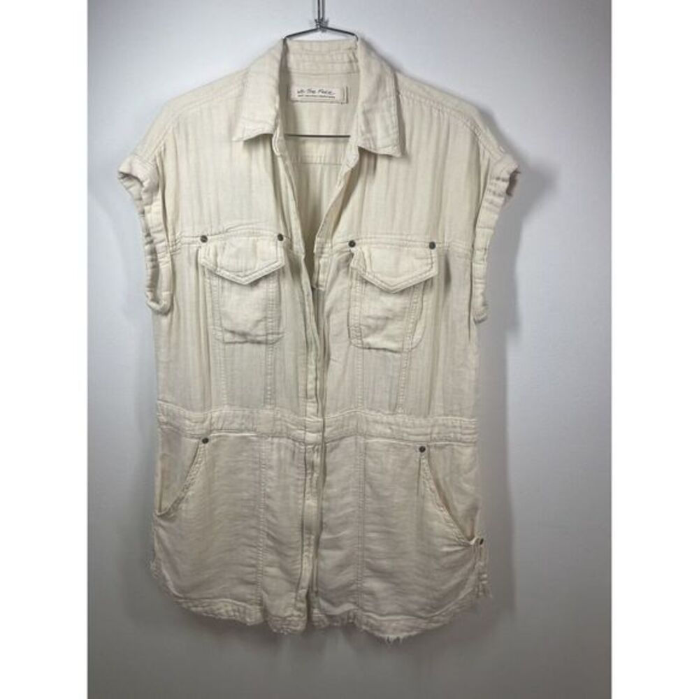 Free People Just Say Linen Tunic Top Oversize  Cotton Zip Ivory Slouchy S *flaw*